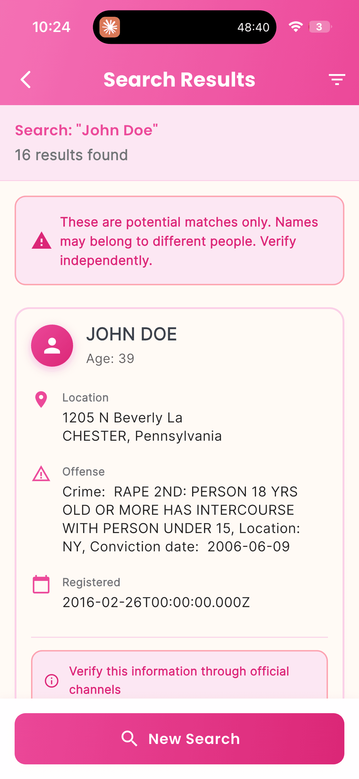 Pink Flag search results screen